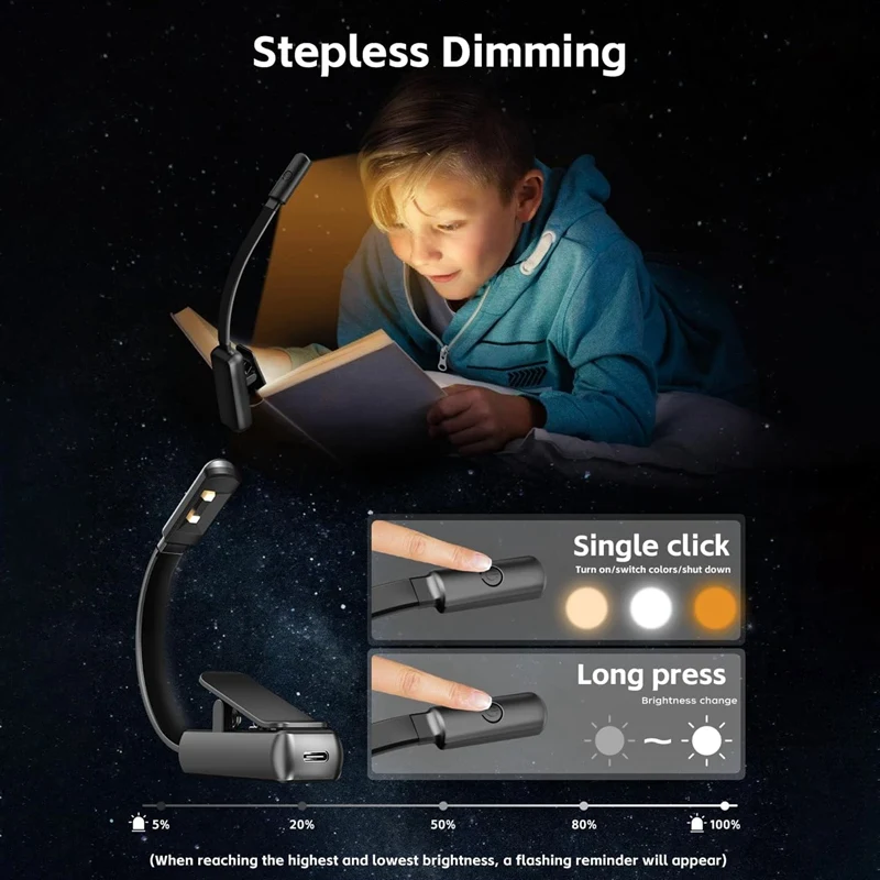 2 Pack Book Light Rechargeable Reading Light With Clip 3 Color & Stepless Dimming Brightness, Up To 60 Hours Lighting