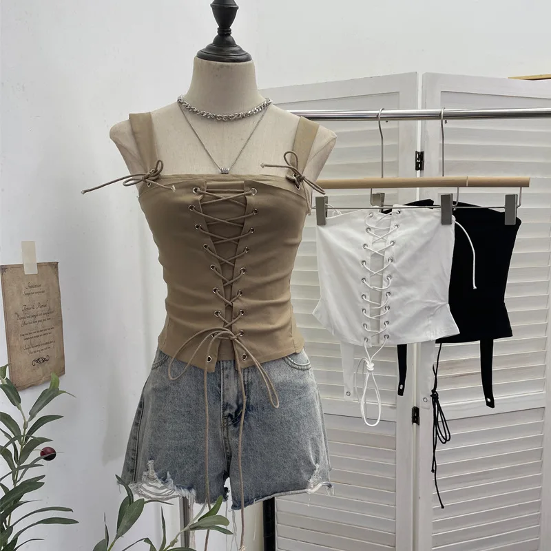Spicy Girl Lace Up Strappy Crop Top with Faux Two Piece Rope Binding Form Fitting Cut Out Midriff Baring Chic Outfits 8139
