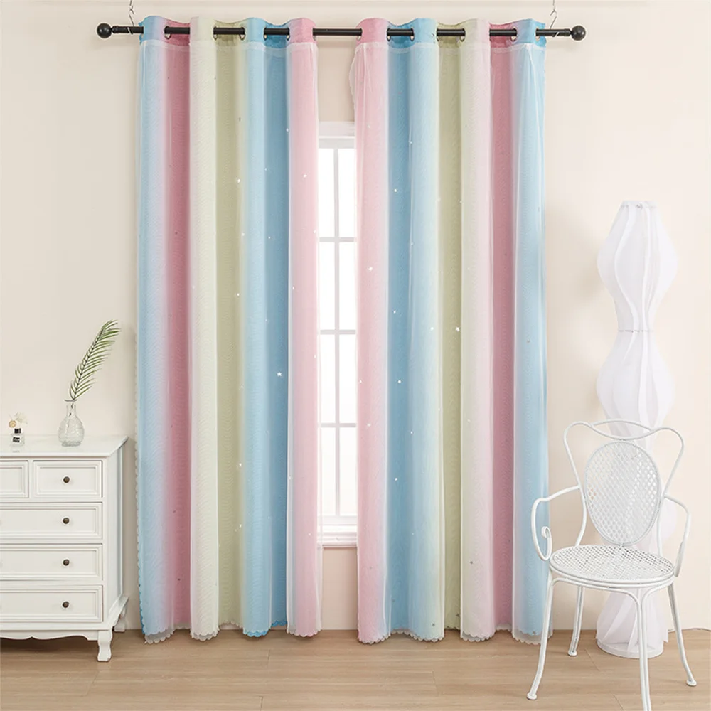 1Pc Kids Rainbow Double-Deck Twinkle Curtain Curtains for Bedroom Thermal Insulated Grommet Top Window Treatment ﻿