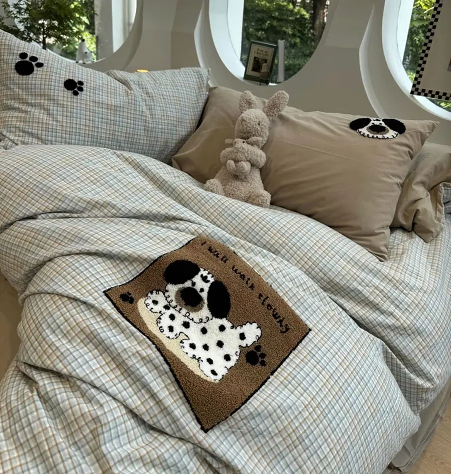 Cute embroidery dog plaid bedding set single double,twin full queen king cotton home textile bed sheet pillowcase quilt cover