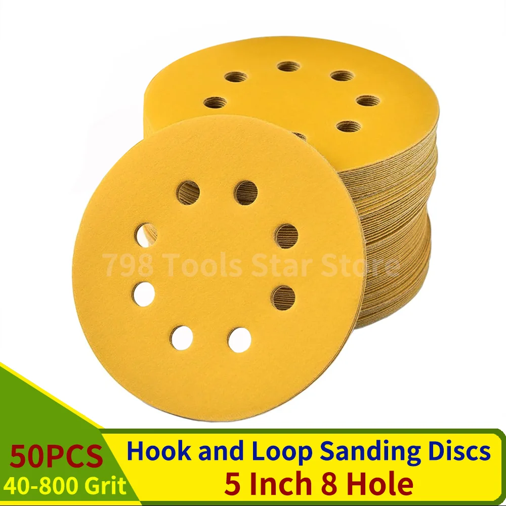 

50PCS 5 Inch 8 Hole Hook and Loop Sanding Disc,40-800 Assorted Grits 125mm Gold Sanding Disc for Woodworking or Automotive Metal