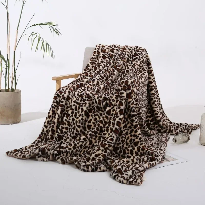 Imitation rabbit fur leopard print double-layer rest blanket,camping outdoor multi-functional throwing blanket,home sofa blanket