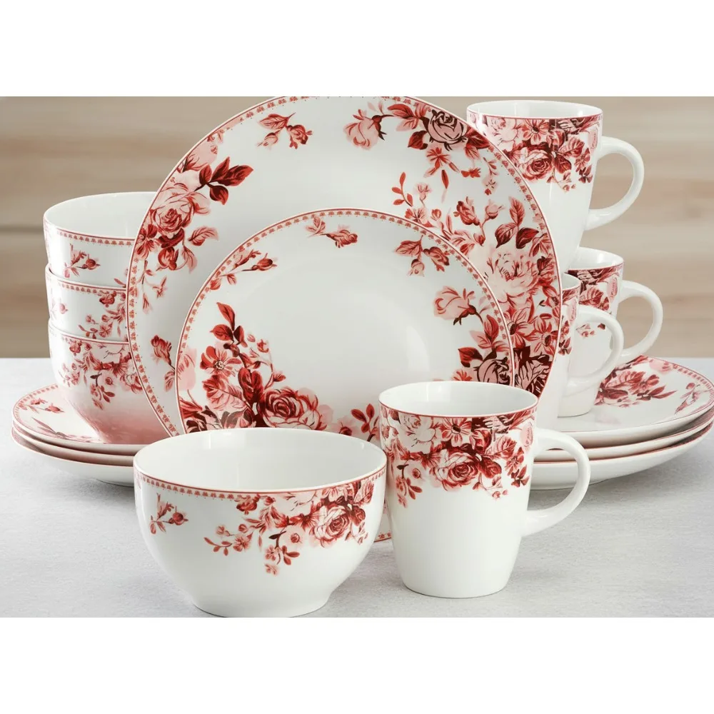 

Traditional Rose 16-Piece Stone Dinnerware Set for 4, Microwave & Dishwasher Safe, Elegant Floral Design