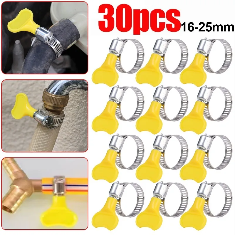 

16-25mm Stainless Steel Pipe Clips Adjustable Hose Clamps with Plastic Handle Worm Driving for Pipe Fuel Tube Faucet Fasteners