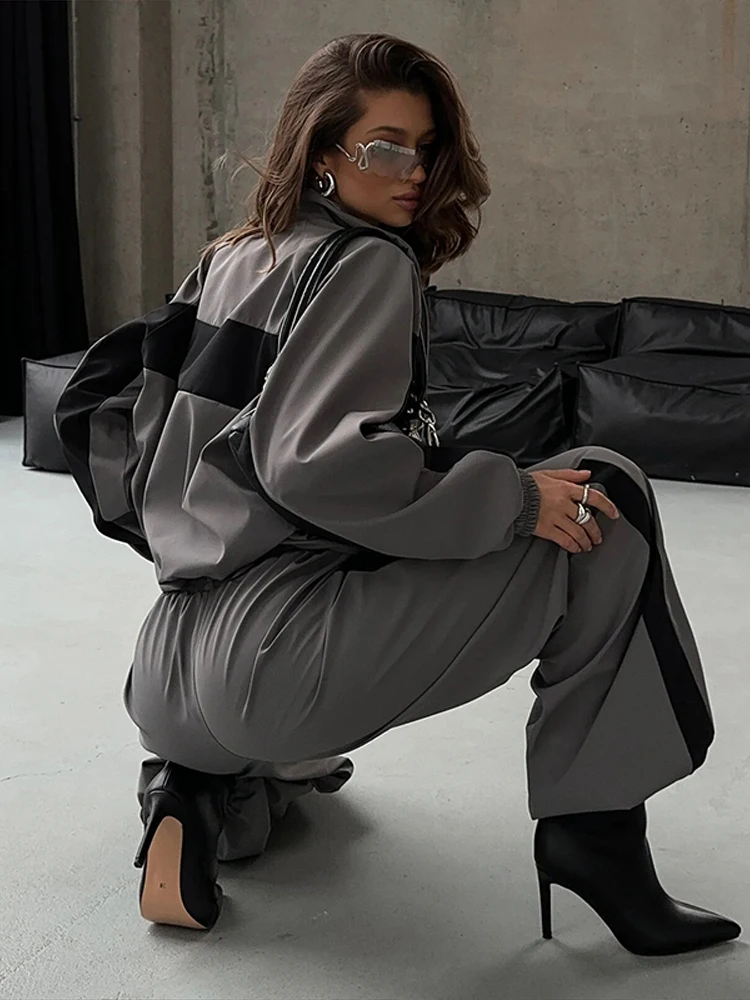 Getäfeltes, langärmliges, übergroßes Oberteil, Hosen-Sets für Damen, Streetwear, Laternenärmel, Reißverschluss, lockerer Mantel, Hose mit weitem Bein, modische Sportbekleidung – Detail 35