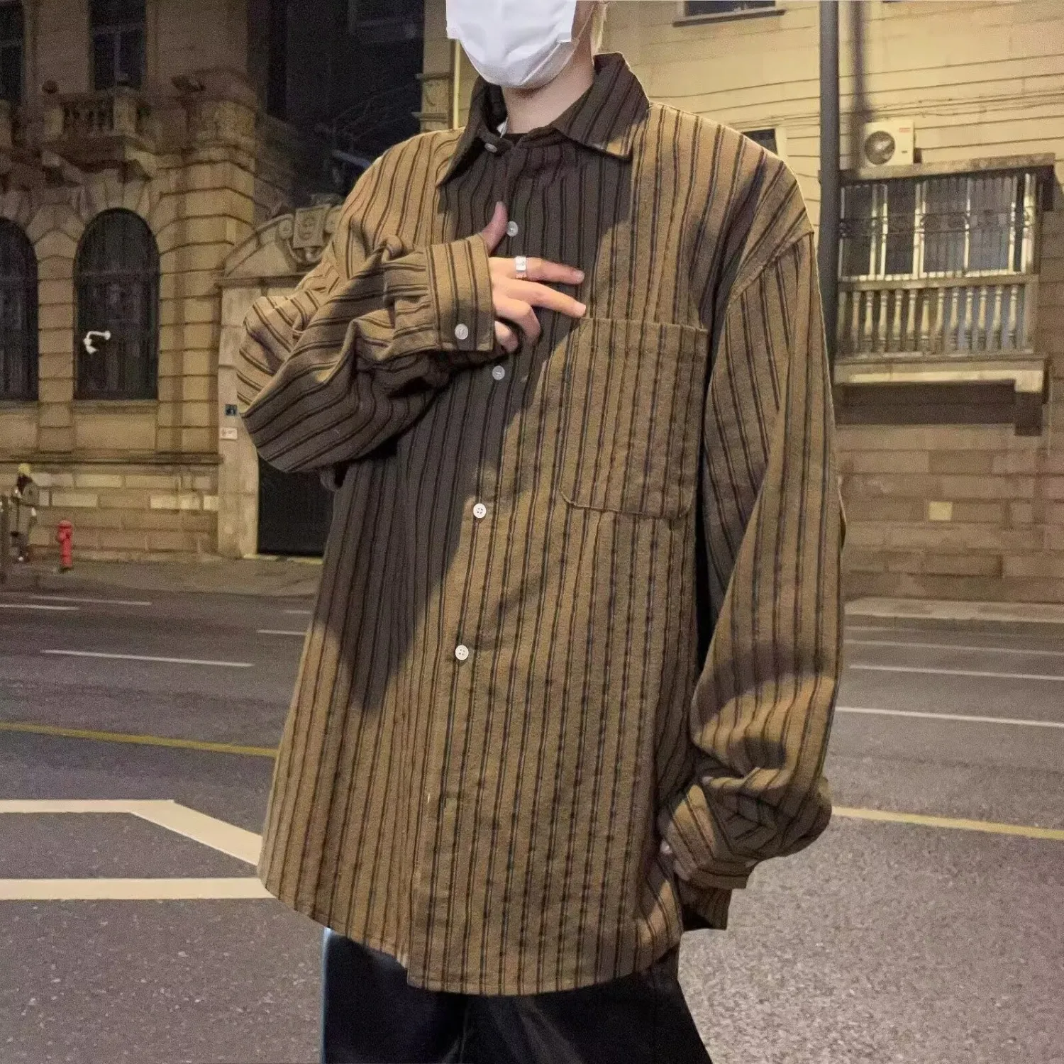 Autumn Winter Large Size Men's Casual Loose Striped Jacket Korean Style Youth Leisure Outerwear Polyester Fiber Long Sleeve