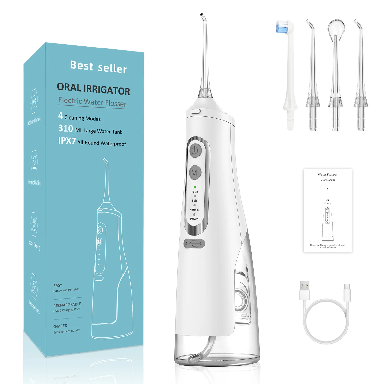 Water Flossers Rechargeable Cordless Oral Irrigator, 310ML Waterproof Dental Irrigator 4 Modes Portable Teeth Cleaner