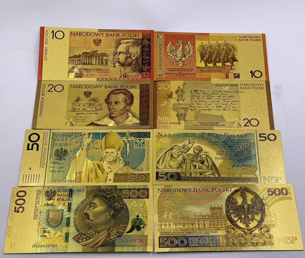 Poland 10 20 50 100 500 1000 Banknotes Colored Gold Foil Polish Banknote for Currency Crafts Colleciton and Gifts