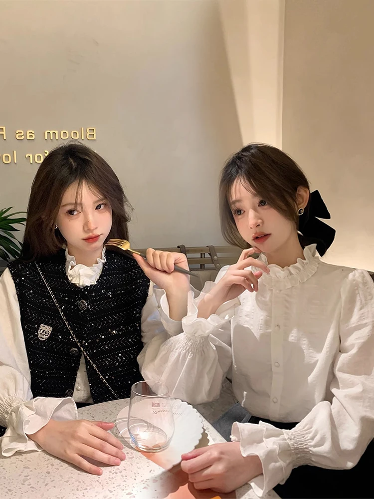 

White Women's Shirt Flounce Collar Layering Base Inner Spring Autumn Winter Loose Korean Style Commute Style Long Sleeve Butt...