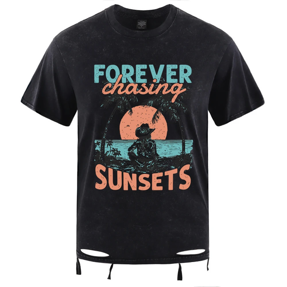 

Forever Chasing Sunsets Printing Washed Holes T-Shirt Men Cotton Soft T Shirts Crewneck Loose Clothes Multicolor Short Sleeve