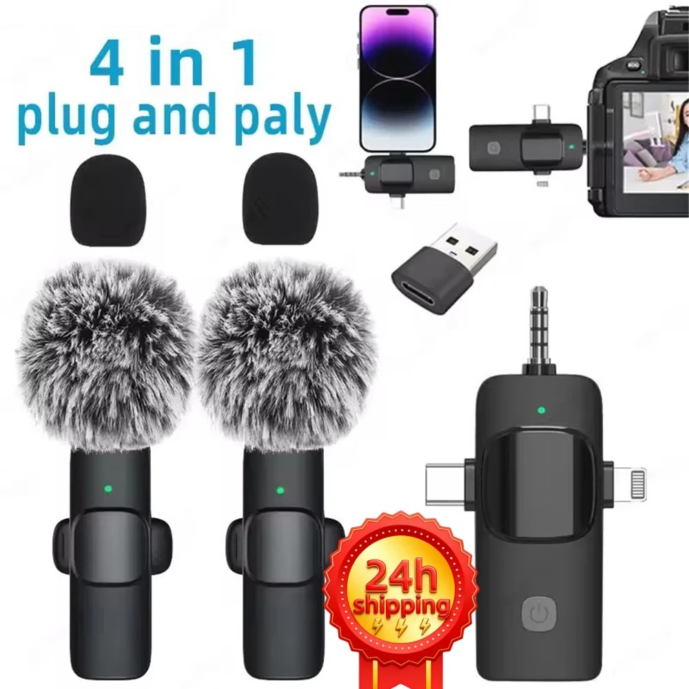 

New 2025 Professional 4 In 1 Wireless Lavalier Microphone for iPhone Android for Radio Live Recording Noise Reduction Mini Micro