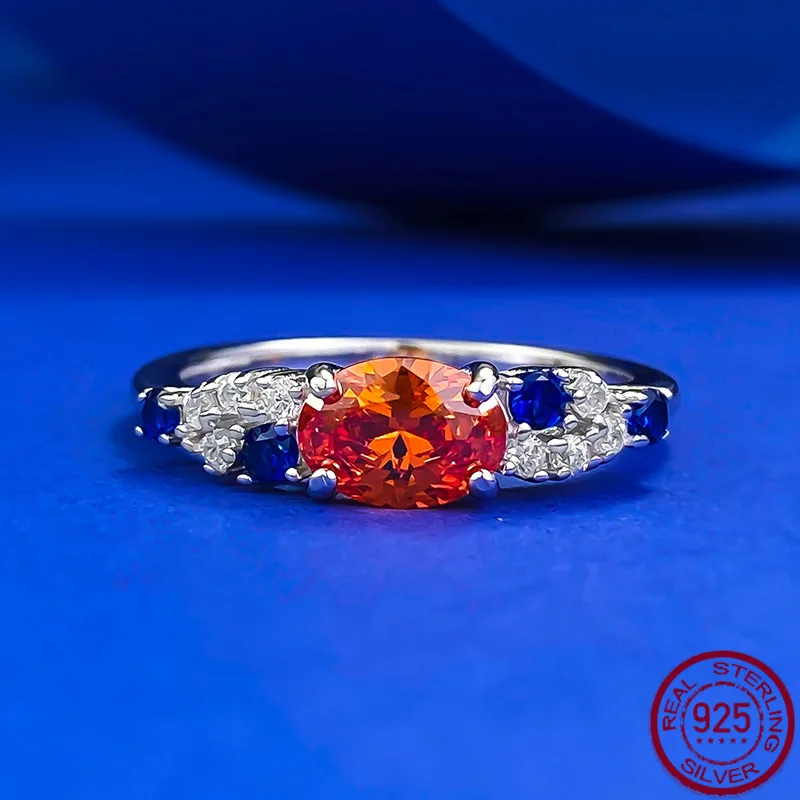 Nuevo S925 plata simulación Paloma sangre rojo 5*7mm elíptico Fanta naranja francés anillo romántico joyería de boda