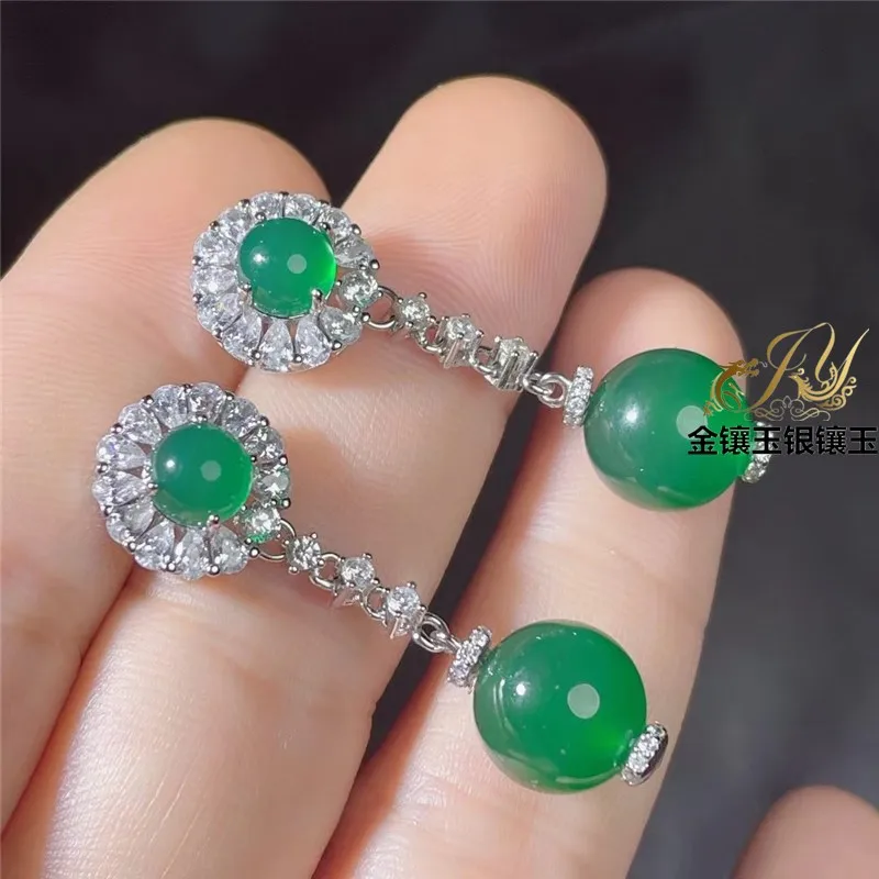 Natural Chalcedony , Silver-Plated Imperial Green Agate Long Drop Earrings, Suitable Pairing With Cheongsa