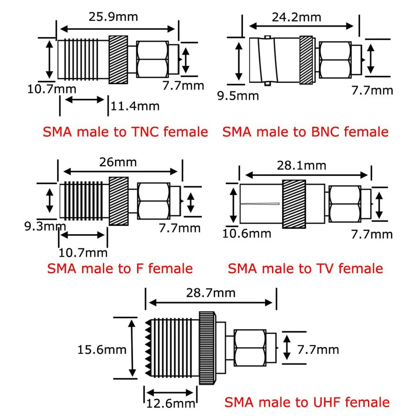 A17Z 10 Type Set SMA Adapter Kits SMA Male to N/F/BNC/UHF/MCX/SMB/TV/TNC Female Straight Nickel Gold Plated Test Converter