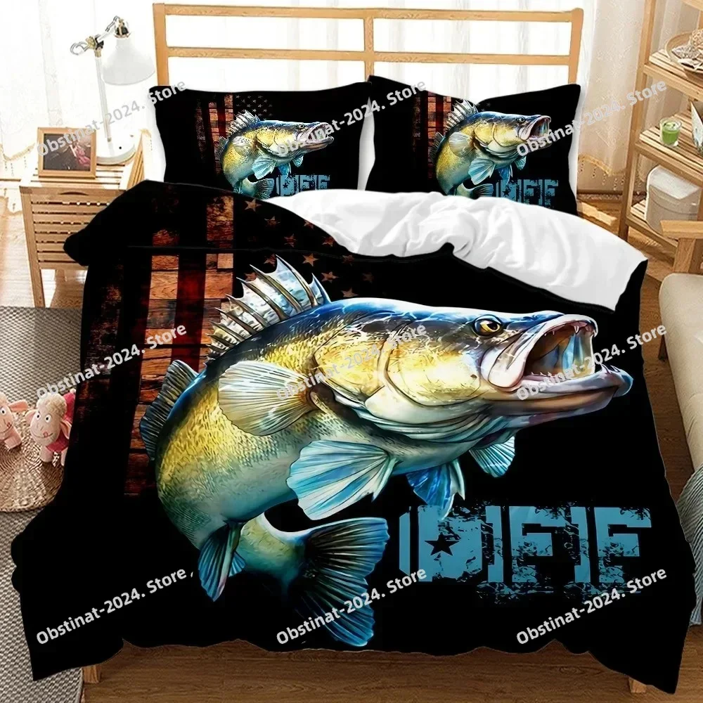 

Big Pike Fishing Duvet Cover Set Hunting Bedding Fly Fishing Comforter Cover Queen King Full Polyester Quilt Cover Teens Adults