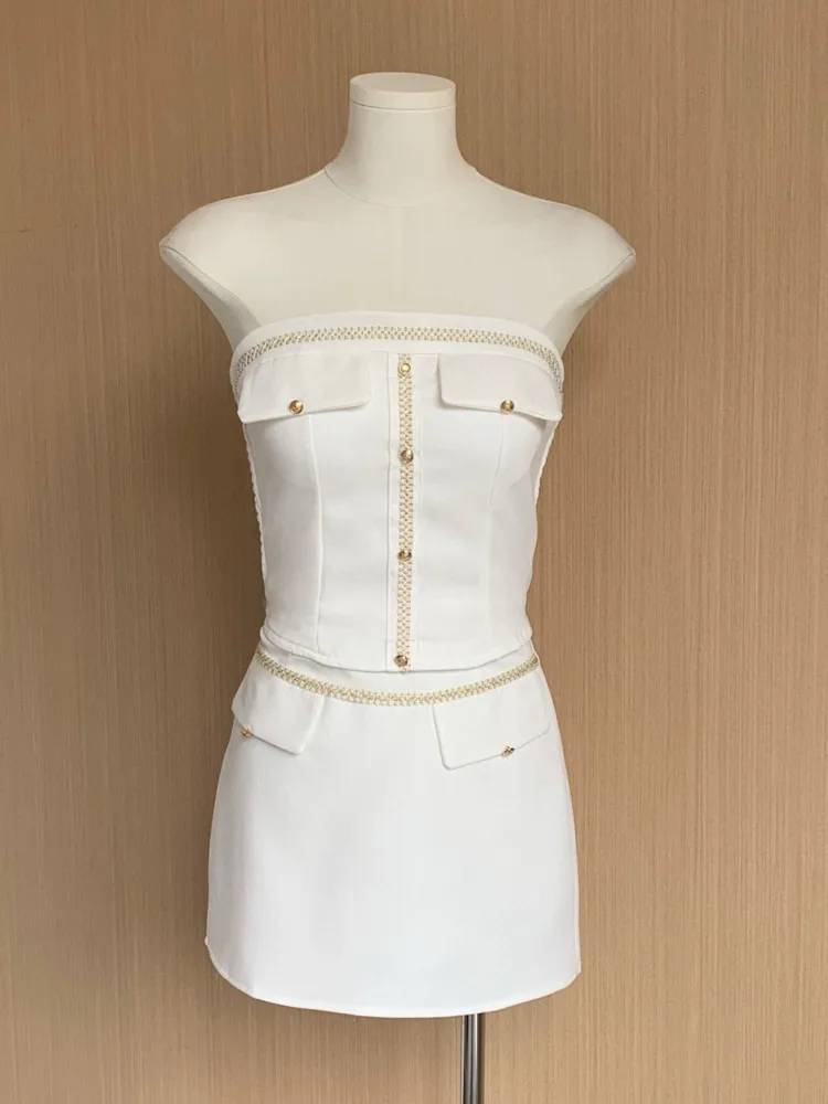 

2025 Summer New Small Fragrance French Fashion Trending Outfits Woman Hotsweet Sexy Strapless Top + Short Skirt Two Piece Sets