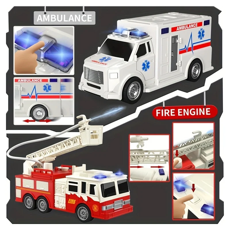 4 Packs Emergency Vehicle Toy Playsets, Friction Powered Vehicles with Light and Sound, Including Fire Truck, Ambulance Toy