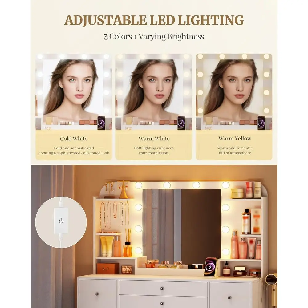 Large White Makeup Vanity Desk with LED Lights, 4 Drawers, 42.5 Table Top, Open Storage Cabinets, and Jewelry Storage