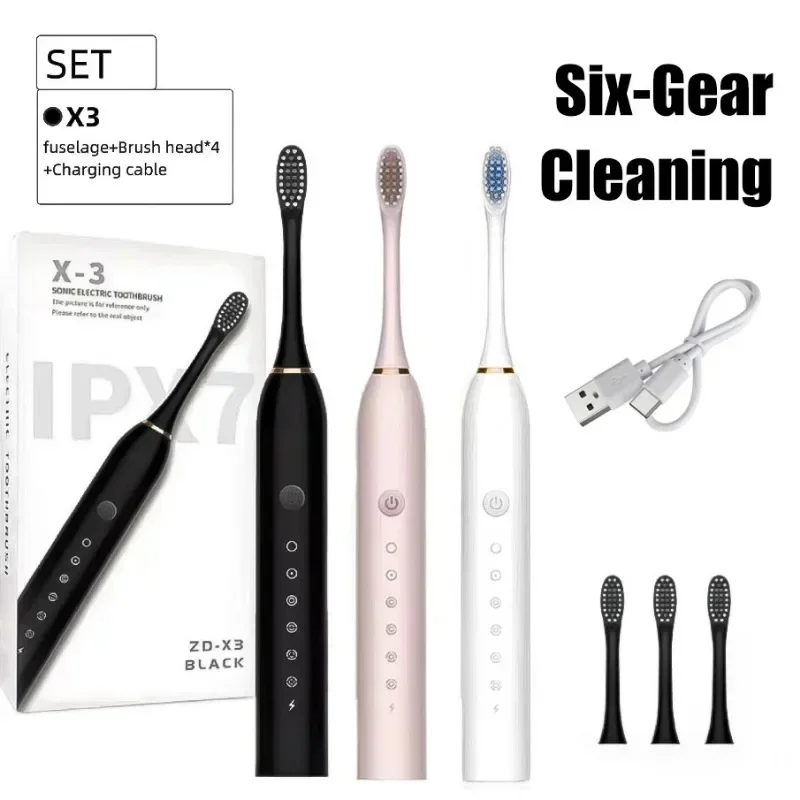 Sonic Electric Toothbrush Set for Adults Six Speed Mode Waterproof Soft Brush Head USB Rechargeable High Frequency Cleaning