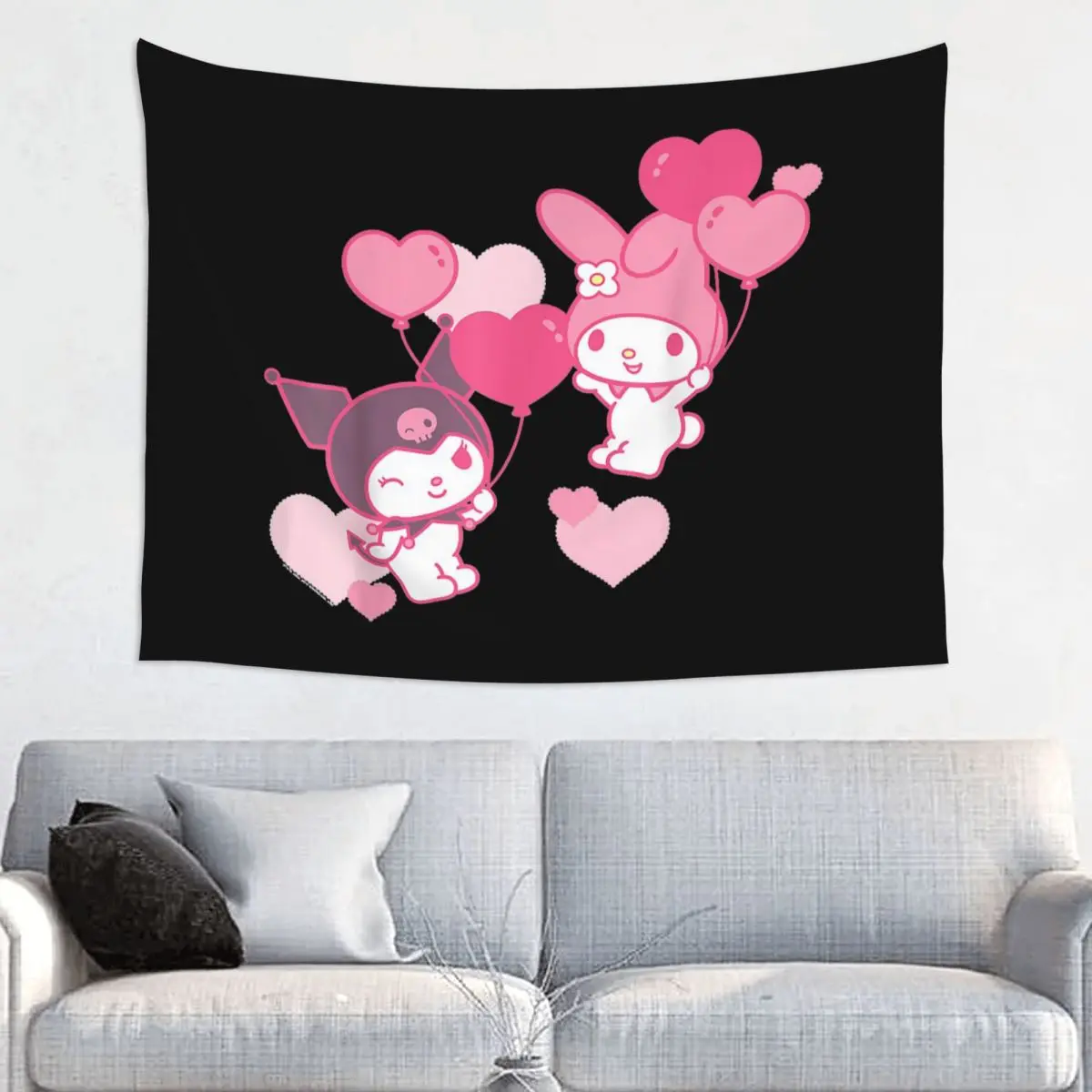 My Melody And Kuromi Valentine's Day Tapestry Bohemian Fabric Wall Hanging Cute Cartoon Room Decor Beach Mat Mandala Wall Carpet