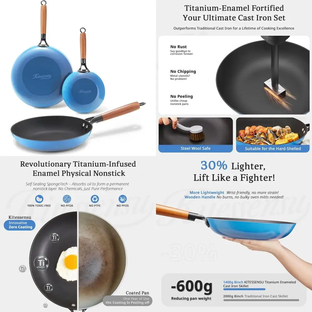 

Non-Stick Enamel Cast Iron Skillets Set with Wooden Handles - 8, 10, and 12 Inch Titanium Frying Pans for Durability and Easy Co