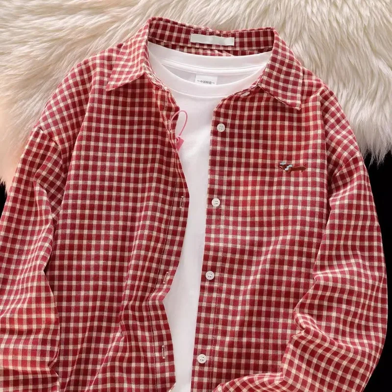Deeptown Red Plaid Women Shirts Vintage Dog Embroidery Long Sleeve Korean Fashion Blouses Oversized Preppy Casual Basic Trendy