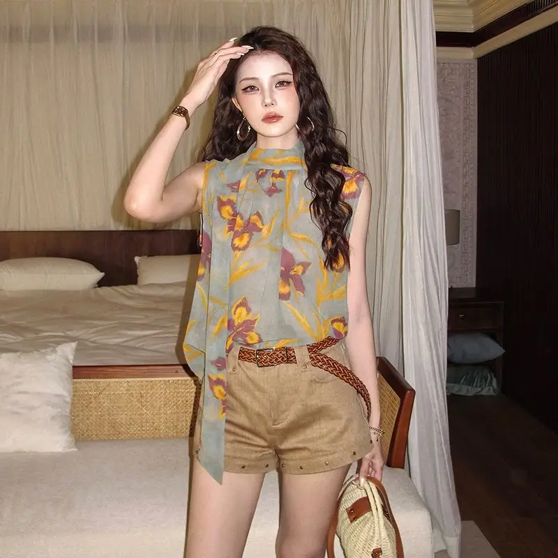 Women Clothes Summer Casual Korean Fashion Loose Printing Trend All-match Fashionable Lazy Wind Female Sleeveless Chiffon Top Te