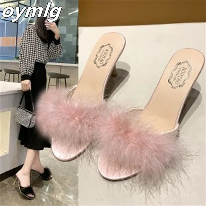 

Fur sandals and slippers women's sexy women's shoes 2024 summer new fashion one-line ladies high-heeled slippers women