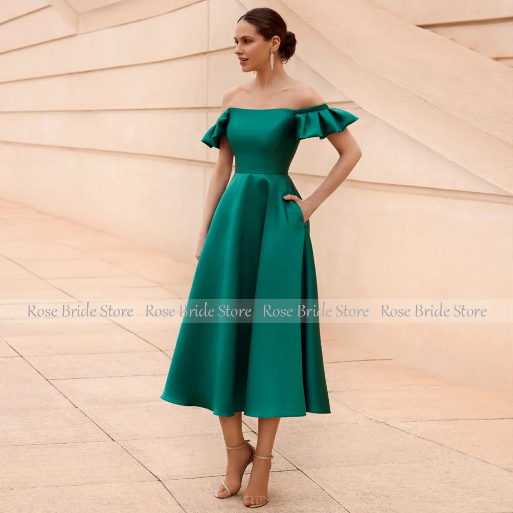 Emerald Green Wedding Guest Dresses Satin Off the Shoulder A Line Mor of  Bride  Midi Tea Length Short Party 