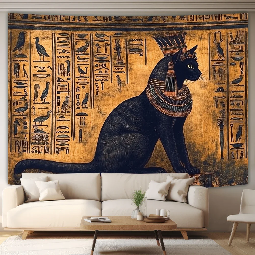 Egyptian Cat Tapestry Ancient Hieroglyphs Wall Art Bedroom Living Room Large Decorative Hanging Add Historical Charm