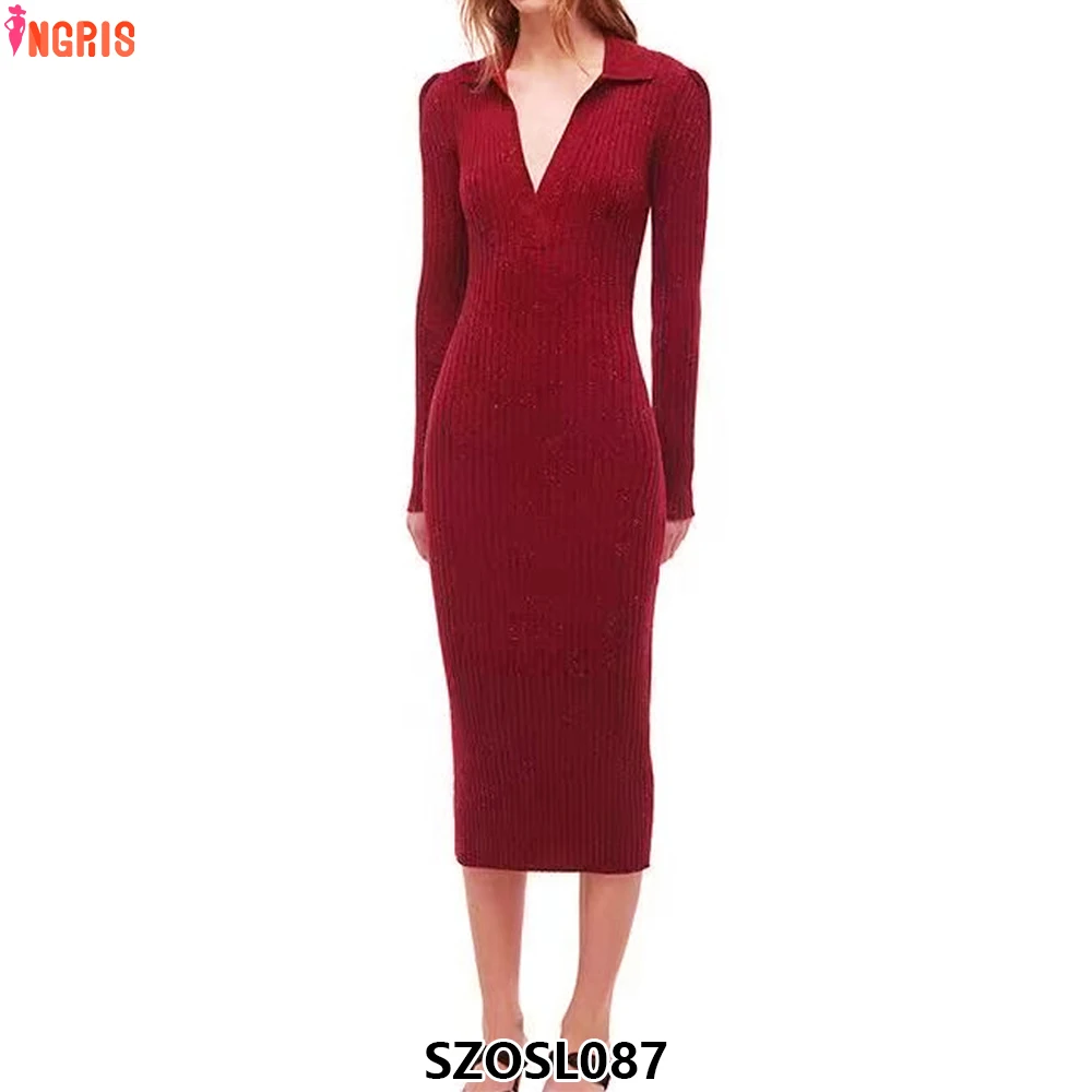 

2025 Spring New Red Basic V-Neck Lapel Ribbed Knitted Dress-SZOSL087