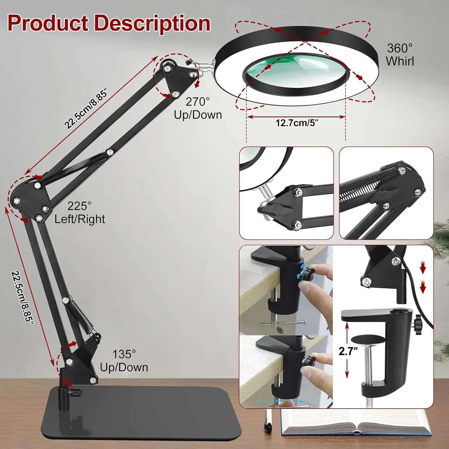 LED Long-arm American Desk Lamp Welding and Authentication Repair Work Folding Magnifying Glass Desk Lamp for Eye Protection
