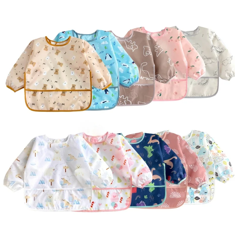 

2 pcs Long-sleeve Bibs for Baby Cute Colorful Cartoon Design Waterproof Apron for Children From 0 to 3 years