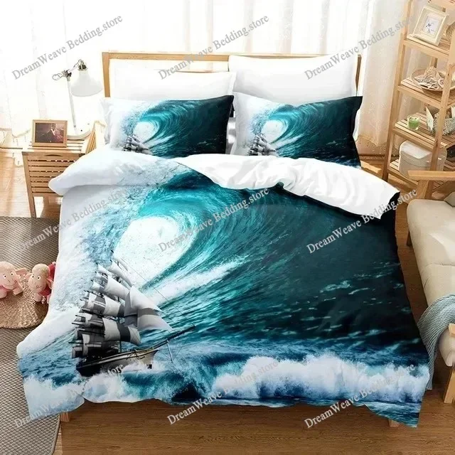 Sailboat Bedding Set Sailing Ship Comforter Cover Ocean Wave Nautical Duvet Cover for Kids Boys Girls Cartoon Ship