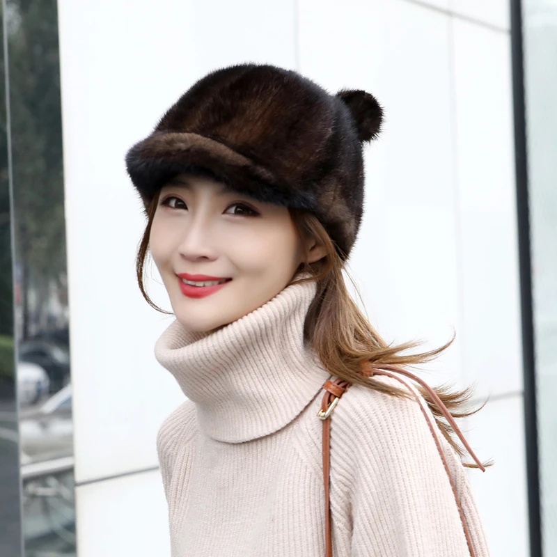 Genuine Mink Fur Hat Cute Cat\'s Ears Hat Black Small Tail Fur Hat Luxury Duck Tongue Caps Casual Ear Protection Baseball Hats