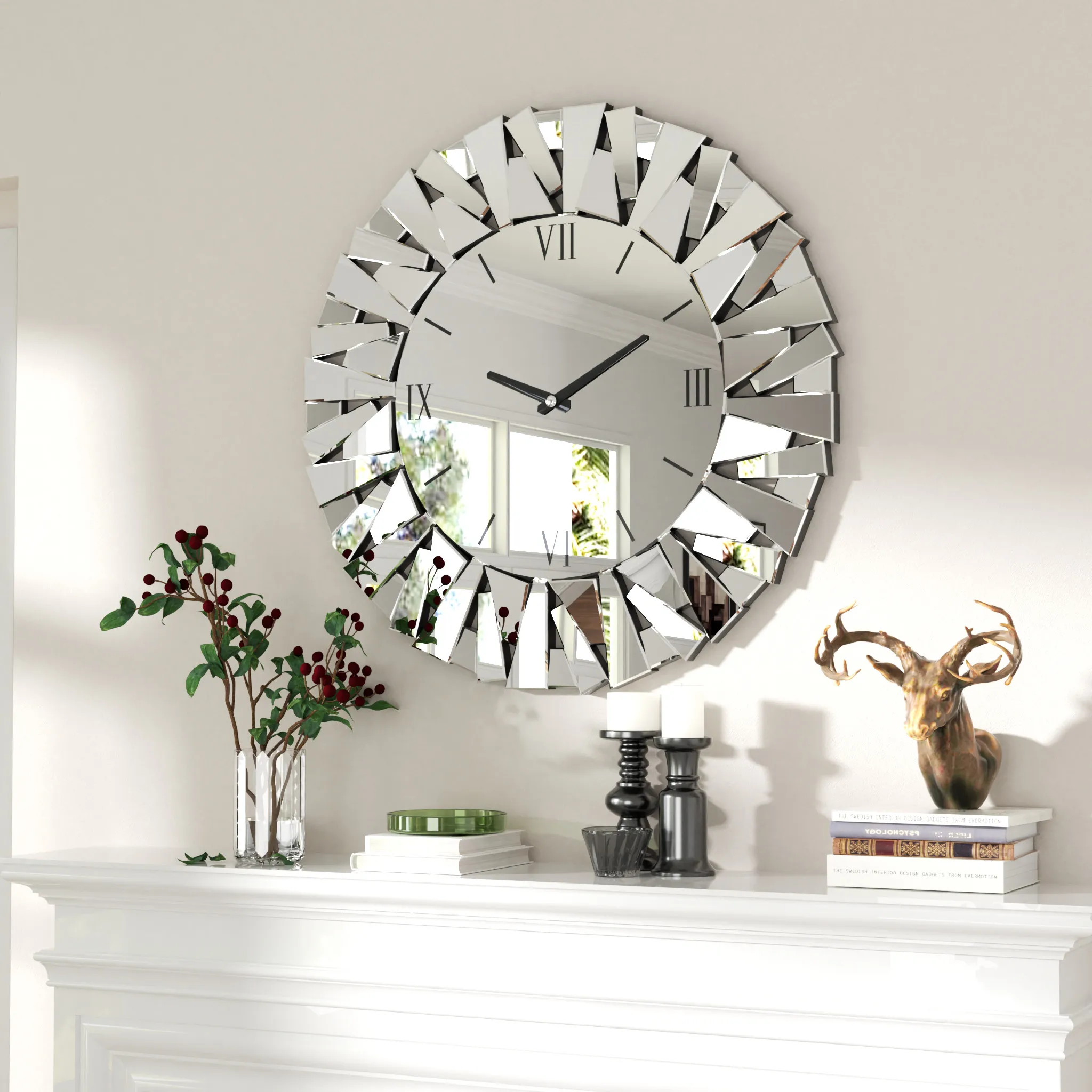 Wisfor Large Modern Wall Clock 32 Inch Round Beveled Glass Edge Wall Mirror with Clock for Modern Living Room,Home Interiors