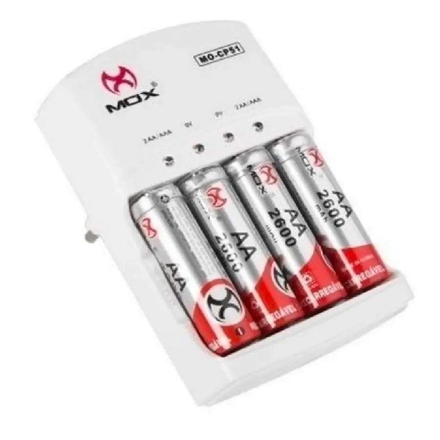 Battery Charger Auto Stop with 4 Batteries 2600mAh Bivolt Mox-CP51