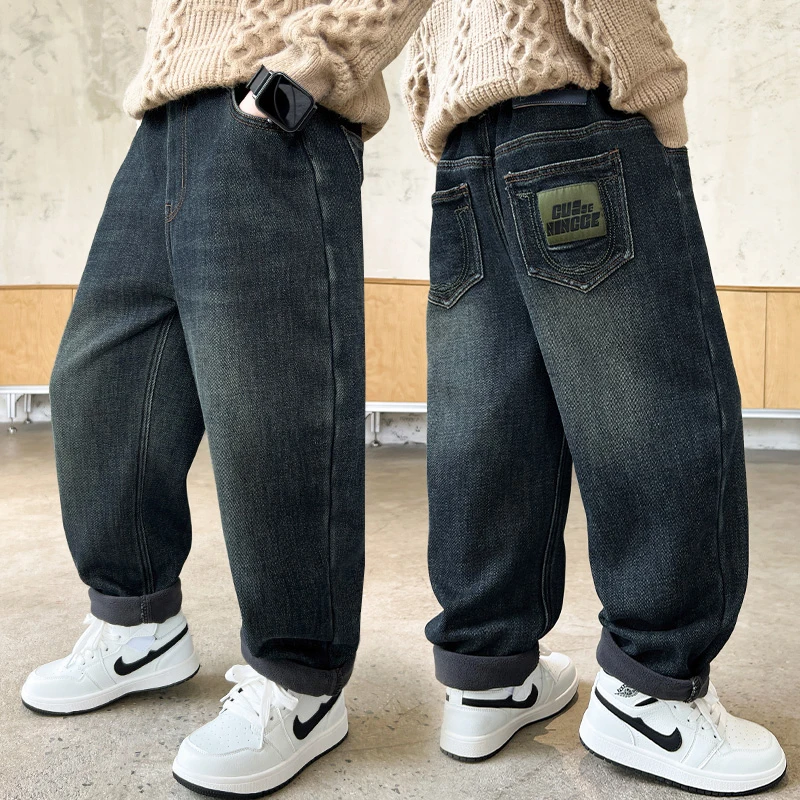 Spring Autumn Kids Child Regular Jeans for Teens Boy Casual Vintage Dark Blue Denim Pants 2025 New Age 5 6 7 8 9 10 11 12 13 14Y