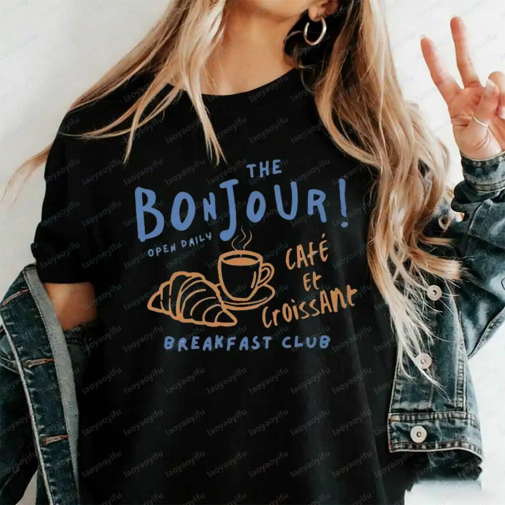 Women's Bonjour Cafe Et Croissant T-Shirt Breakfast Club French Graphic Cotton Tshirt Summer Aesthetic Parisian Food Lover Tops view 6