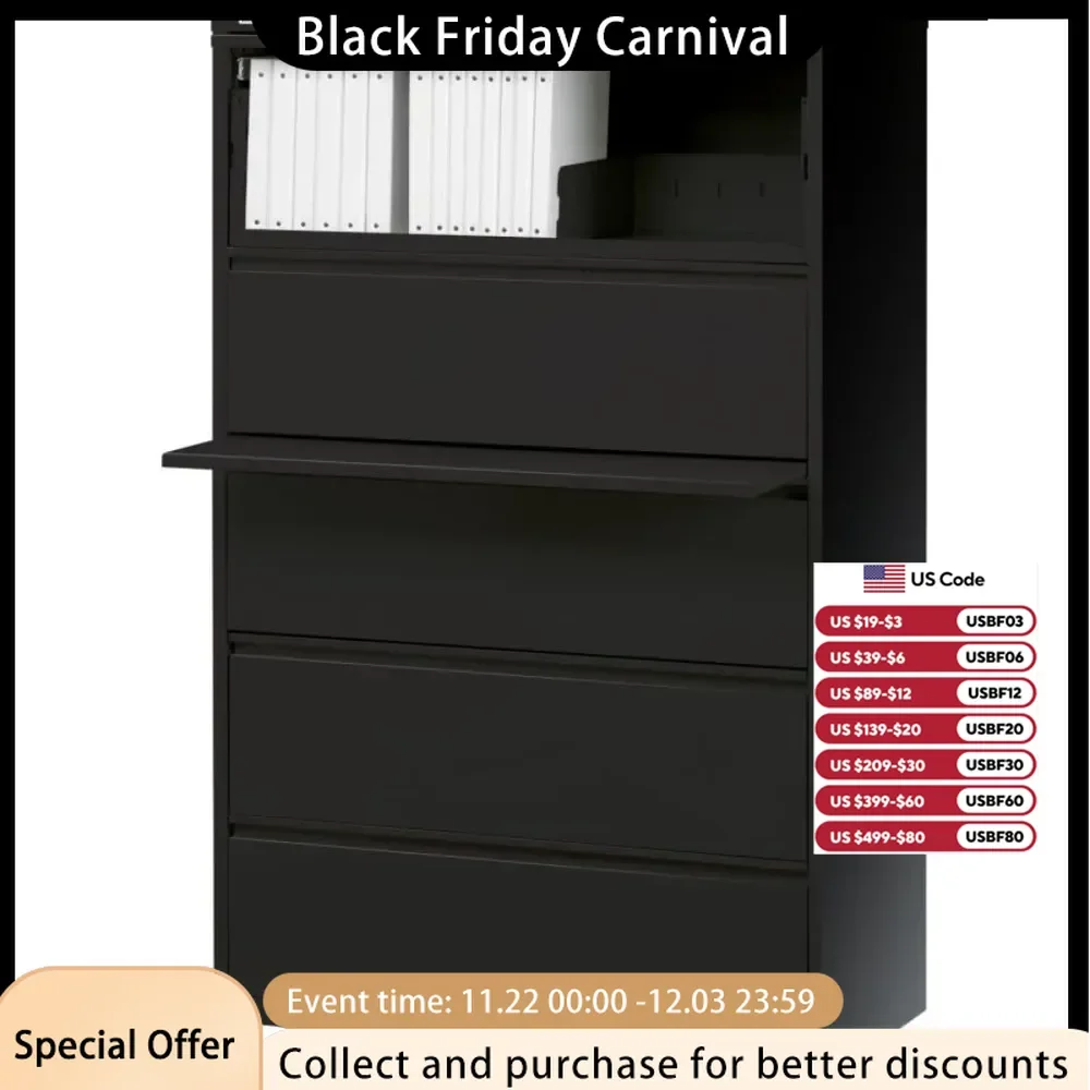 Office Filing Cabinet, 5 Drawers Without Wheels, 42 Inches X 18-5/8 Inches X 67-5/8 Inches, Black Office Filing Cabinet