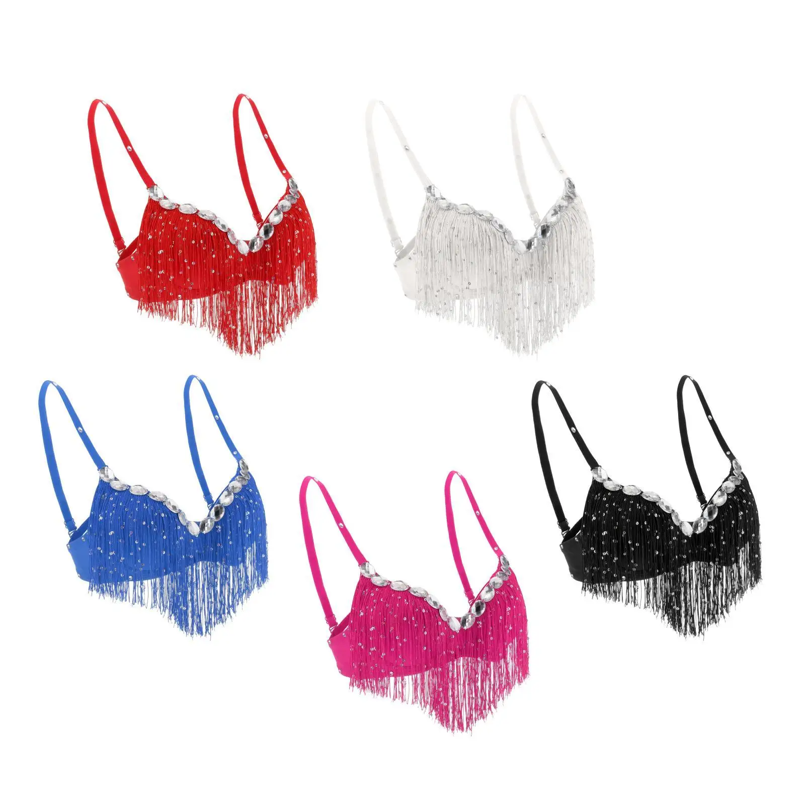 Reggiseno di danza del ventre glitterato con strass e nappe con paillettes Party Club