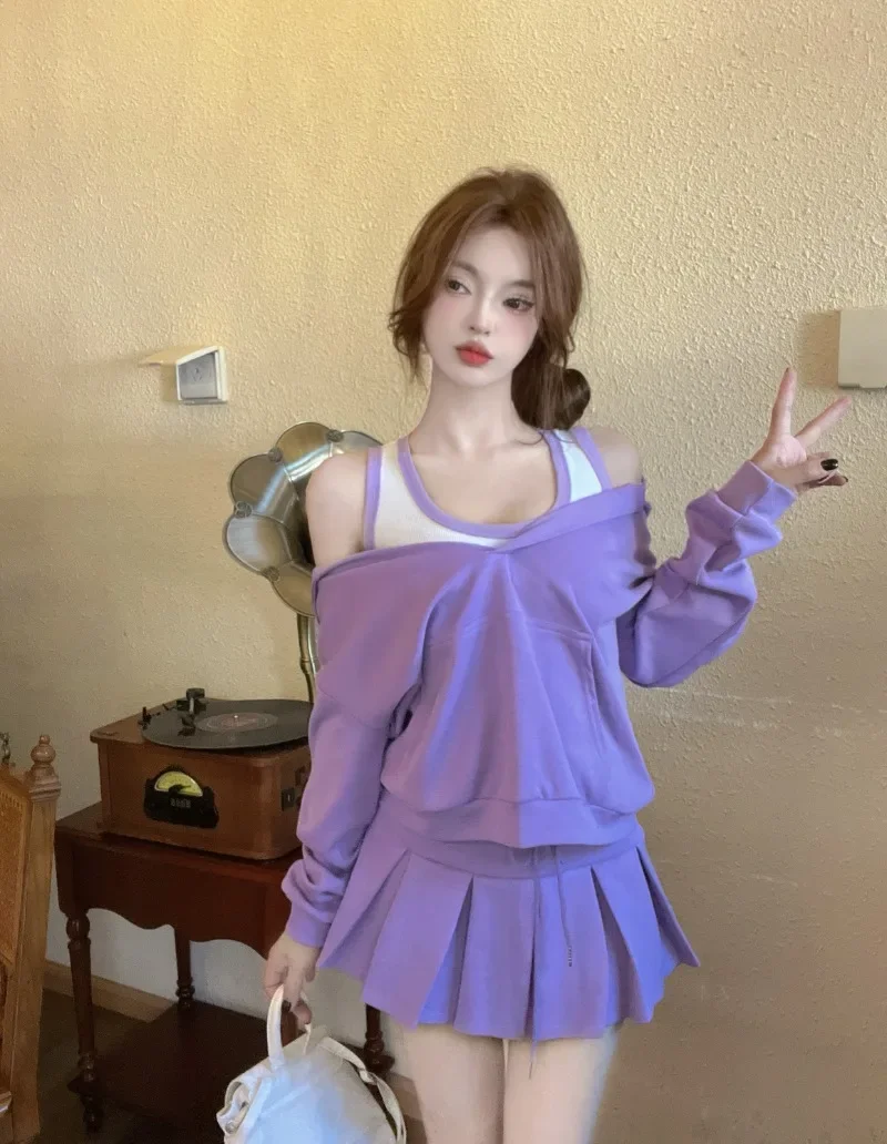 

Sweet Hot Girl Casual Suit Women's Autumn Loose Hoodie Slim-fit Vest A-line Mini Skirt Three-piece Set Fashion Female Clothes