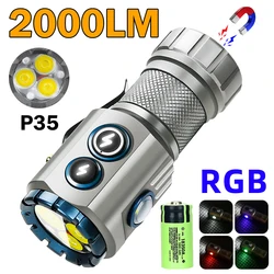 3 LED Flashlight 2000 Lumens USB Rechargeable 18350 Torch Upgrade RGB Side Lamp IP68 Waterproof with Magnet for Hiking Camping