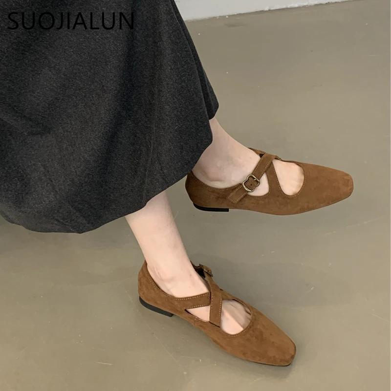 SUOJIALUN 2024 New Brand Women Flat Shoes Fashion Round Toe Ladies Elegant Red Mary Jane Shoes Soft Flat Heel Dress Ballerinas S