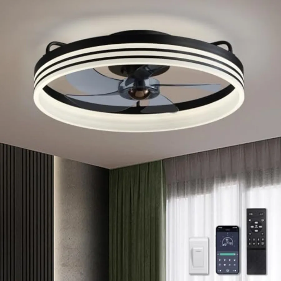 

Flush mounted ceiling fan with light for bedroom, kids room and living room; black ABS plastic; 6 wind speeds, smart control, l