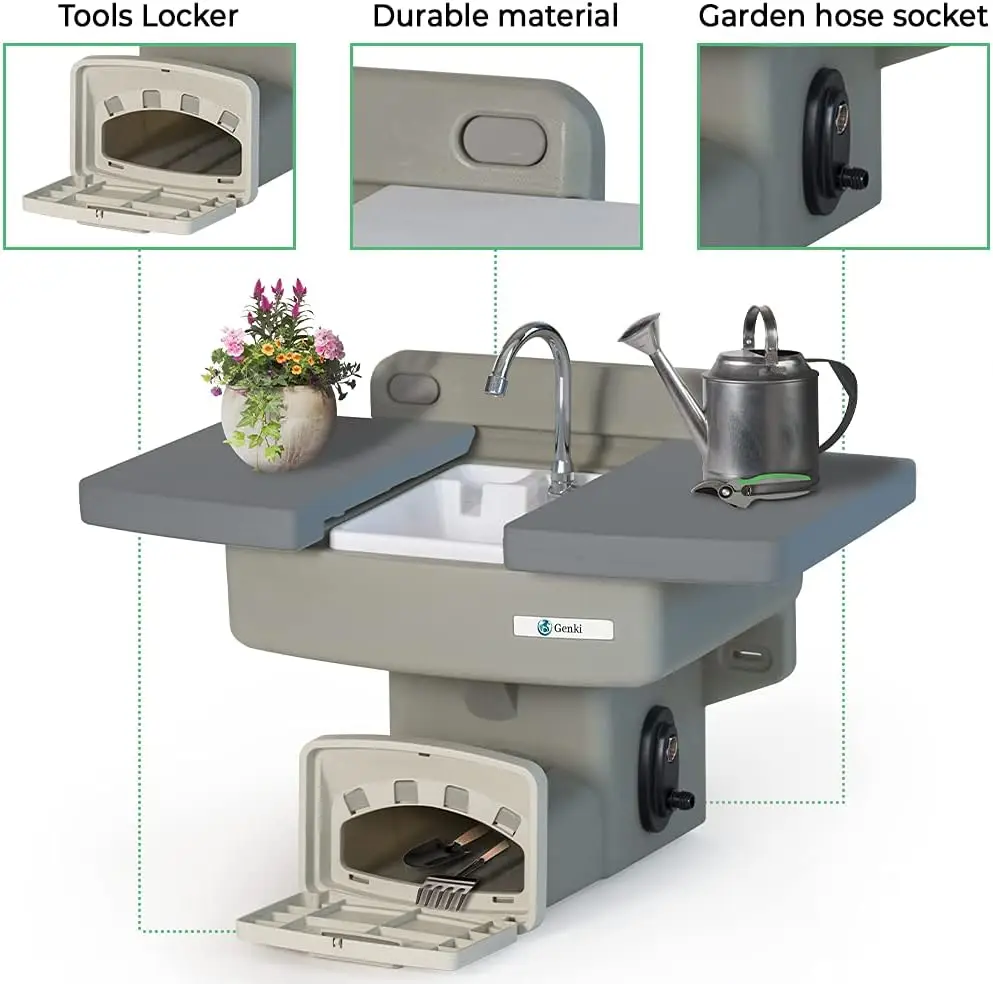 Genki - Outdoor Garden Sink With Hose Hook Up White Potting Bench With Hose Holder Gardening Drinking Fountain Hand