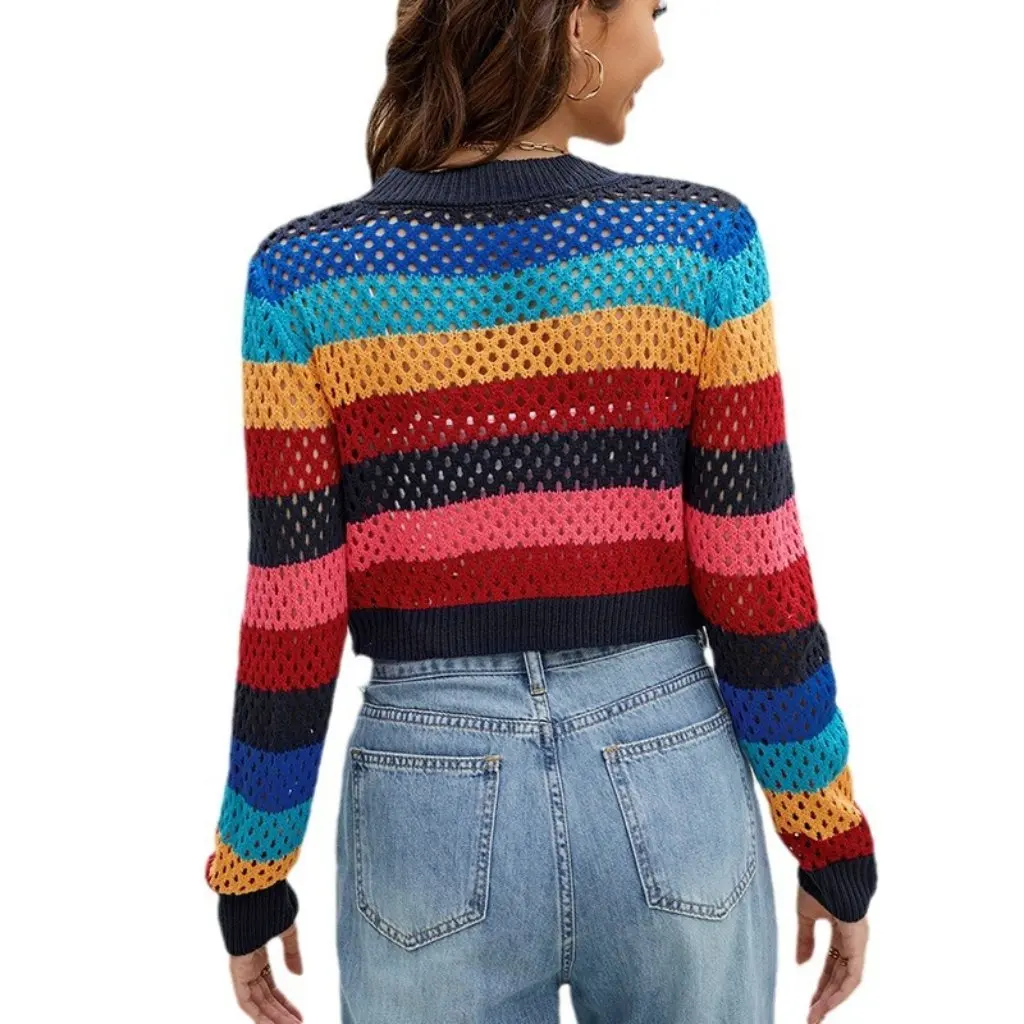 

New European American Style Color Striped Knitted Cardigan Short Hollow Design Lace-Up Knitted Blouse for Women