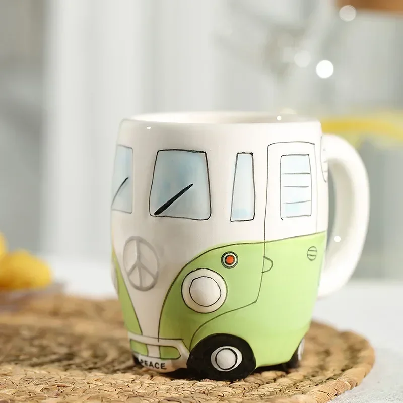 400ml Bus Mug Cute Cartoon Handcrafted Ceramic Bottle with Handle Hand-painted Children\'s Cup Milk Glass In The Shape of A Car