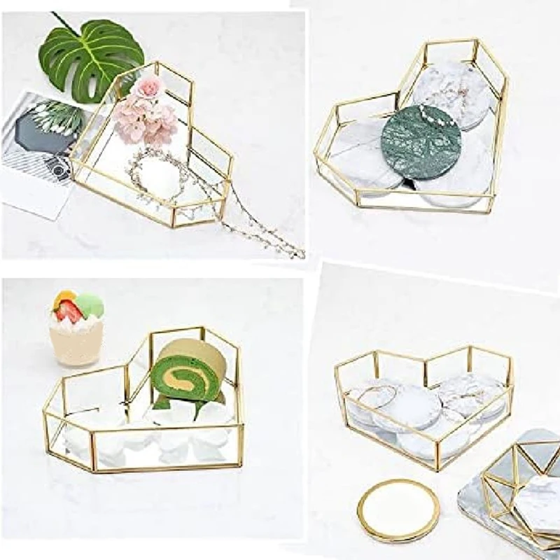 Vintage Mirror Vanity Tray Cosmetic Makeup Tray Ornate Dresser Tray Heart-Shaped Geometrical Jewelry Trinket Holder Box