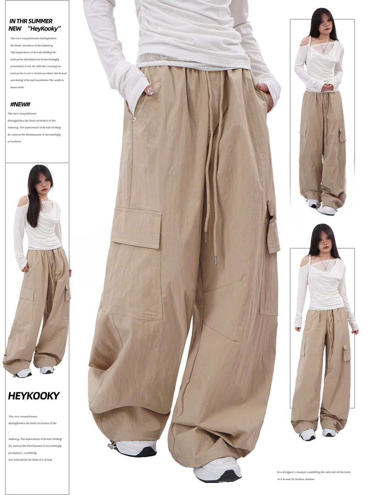 

American Retro Waed Dstring Elastic Waist Cool Military een Work Pants Large ket Loose Casual Trousers